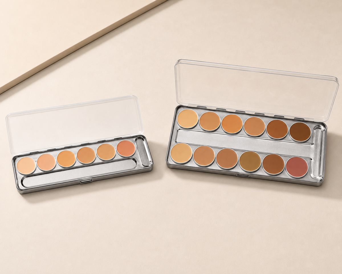 Six-shade and twelve-shade Dermacolor palettes side by side