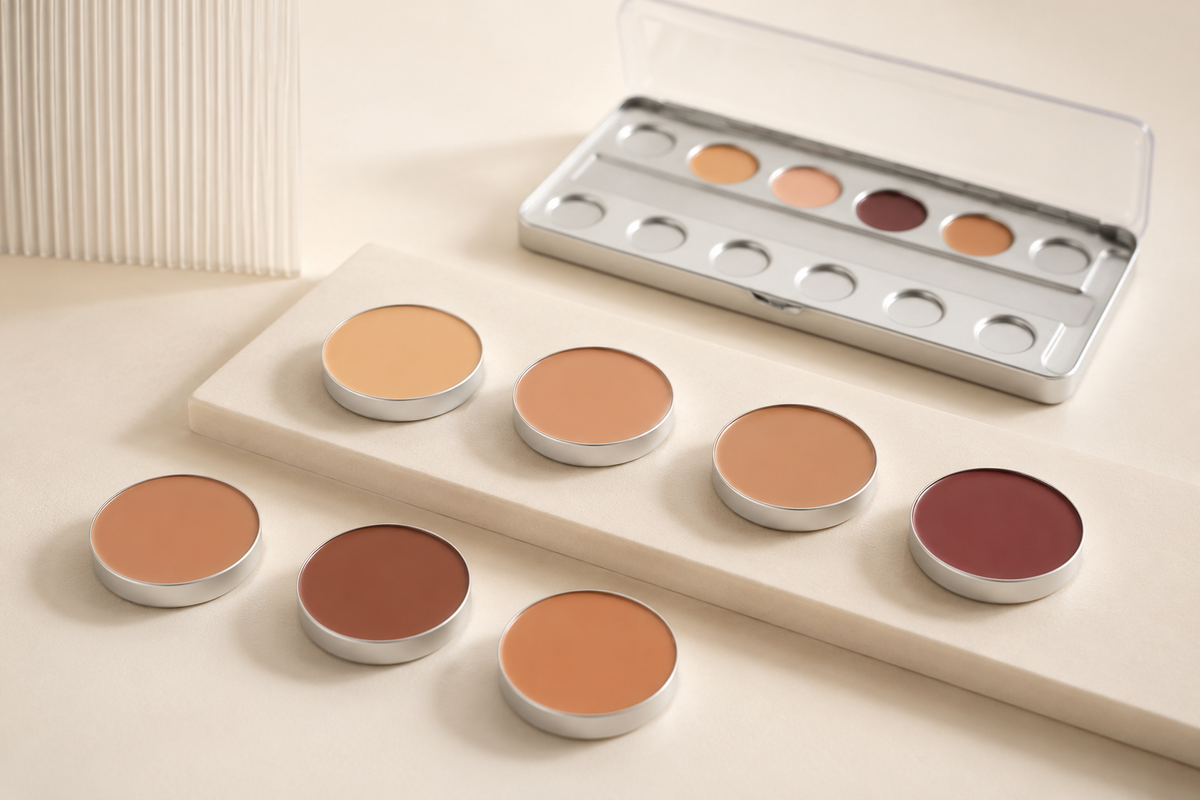 Individual makeup refills beside a palette case