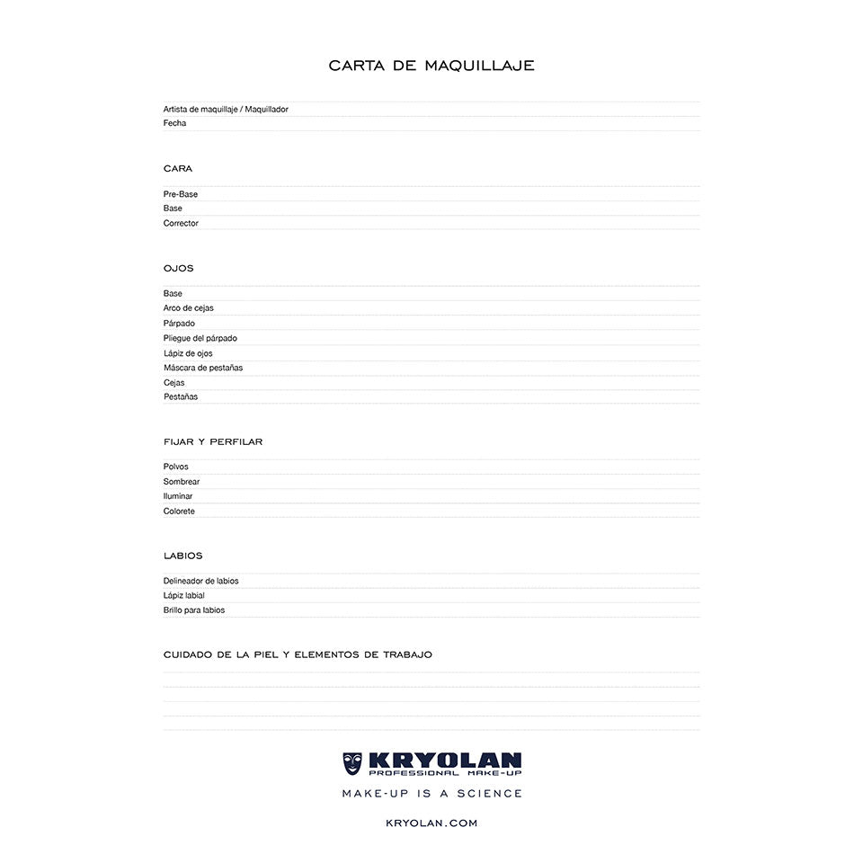 Kryolan Makeup Charts Block — 25 Sheets